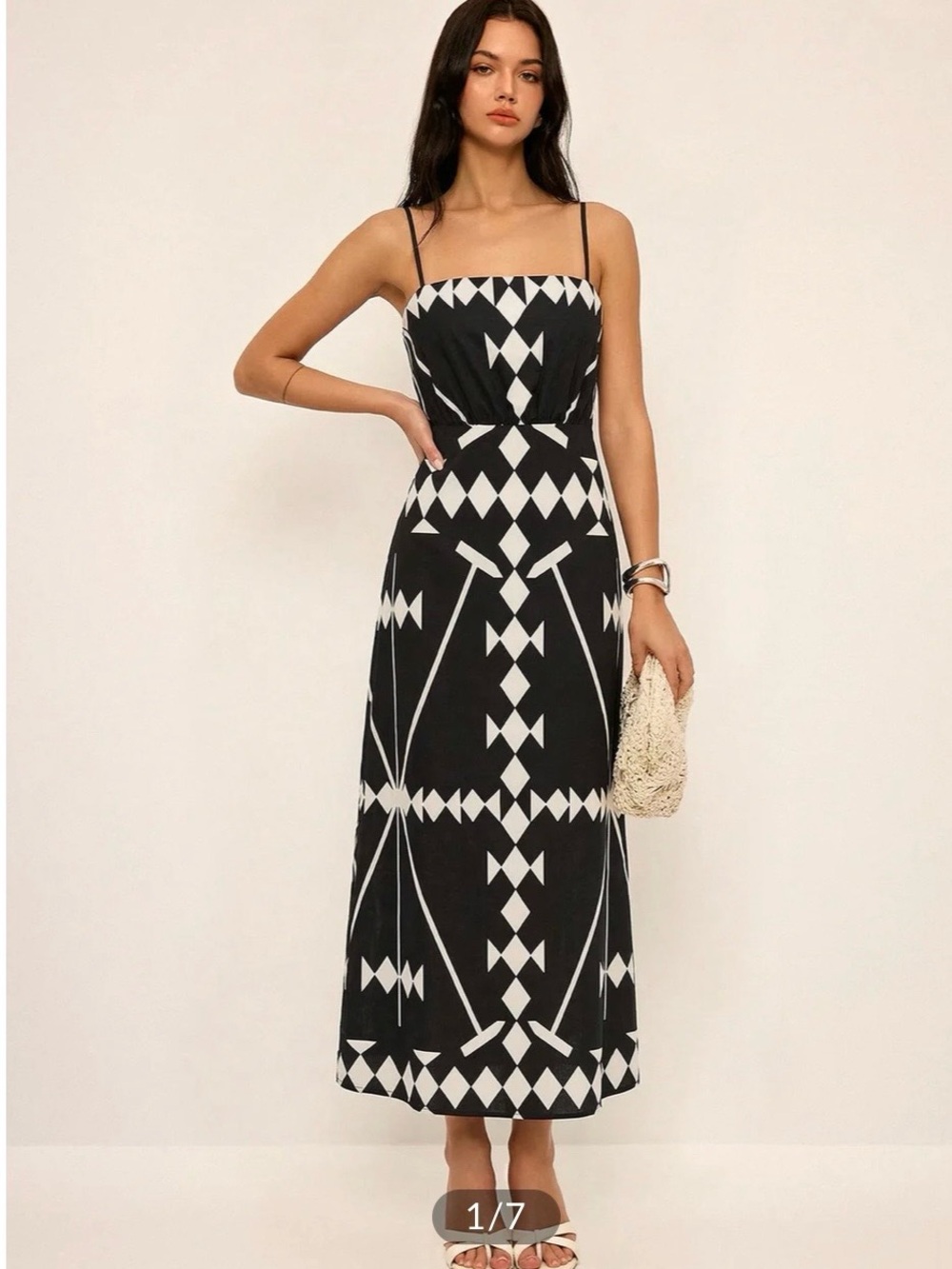 Commense Black & White Geometric Maxi Dress with Spaghetti Straps